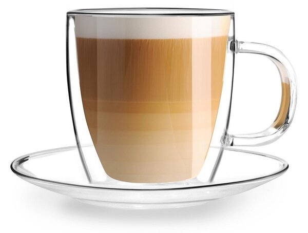 Set 2 pahare din sticlă cu perete dublu și farfurioară Vialli Design, 250 ml