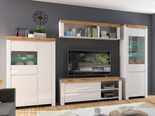 Set de living Sonsoru 111, Stejar Wotan, Alb, Alb lucios, PAL laminat, Sticlă călită