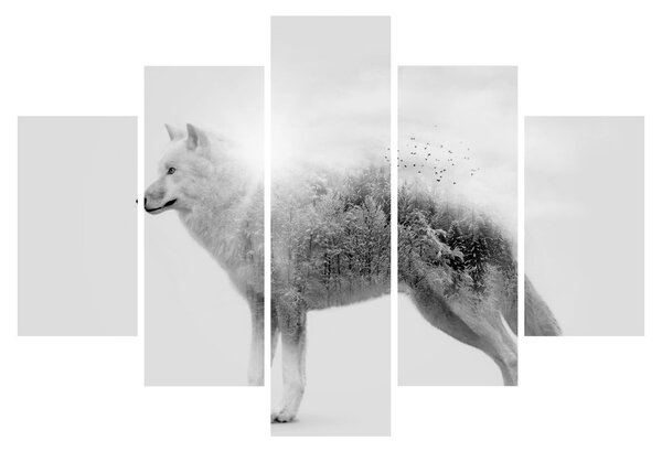 Tablou - Lupul arctic oglindit în peisajul sălbatic, alb-negru (150x105 cm)