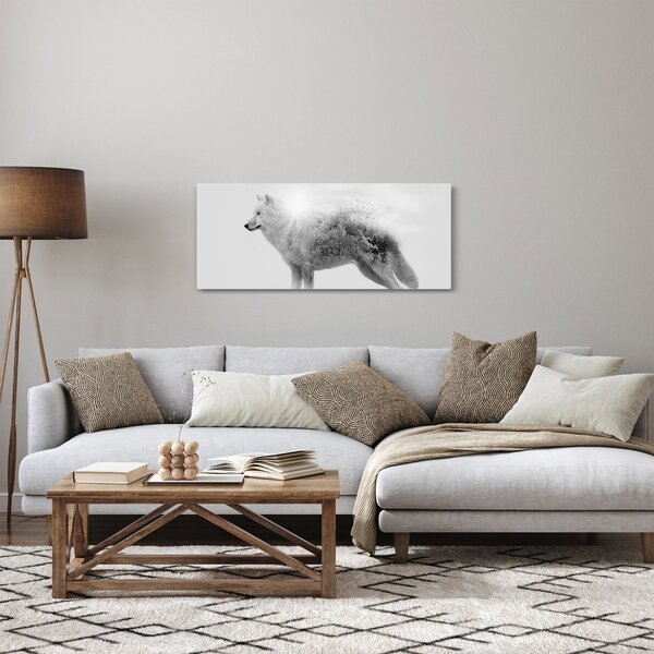 Tablou - Lupul arctic oglindit în peisajul sălbatic, alb-negru (120x50 cm)