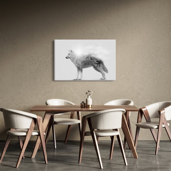 Tablou - Lupul arctic oglindit în peisajul sălbatic, alb-negru (90x60 cm)