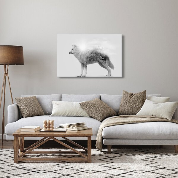 Tablou - Lupul arctic oglindit în peisajul sălbatic, alb-negru (90x60 cm)