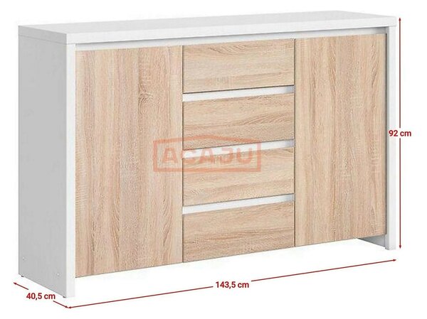 Comoda KASPIAN KOM2D4S, alb/stejar sonoma, PAL, 144x41x92 cm