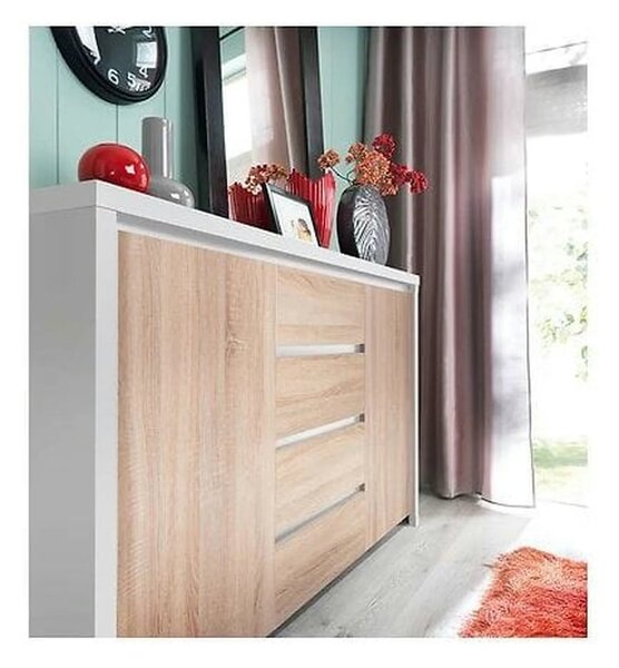 Comoda KASPIAN KOM2D4S, alb/stejar sonoma, PAL, 144x41x92 cm