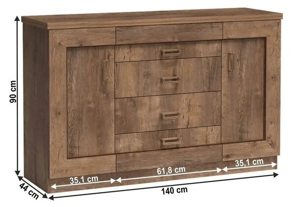 Comoda TEDY TYP T6, stejar lefkas, PAL melaminat, 140x44x90 cm