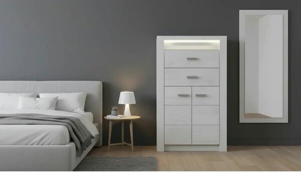 Comoda INFINITY I-06, frasin/alb, PAL melaminat, cu iluminare LED, 76x