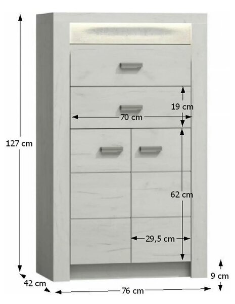 Comoda INFINITY I-06, frasin/alb, PAL melaminat, cu iluminare LED, 76x
