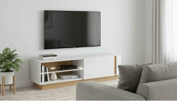 Comoda RTV CITY, stejar grandson/alb lucios, PAL melaminat, 138x40x46