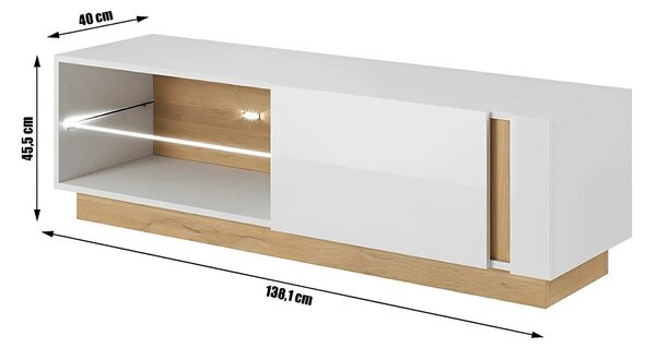 Comoda RTV CITY, stejar grandson/alb lucios, PAL melaminat, 138x40x46