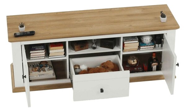 Comoda TV LEON MZ15, alb/stejar grand, DTD laminat, 150x45x55 cm