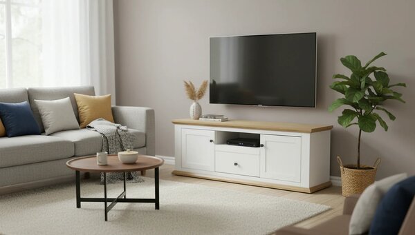 Comoda TV LEON MZ15, alb/stejar grand, DTD laminat, 150x45x55 cm
