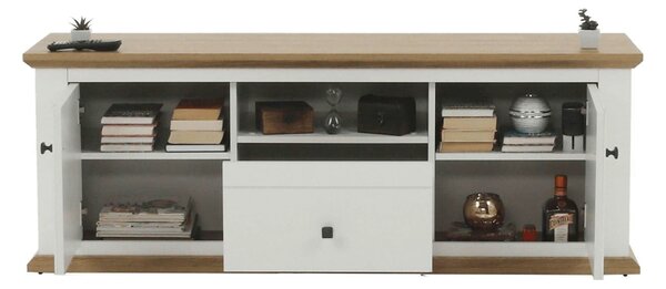 Comoda TV LEON MZ15, alb/stejar grand, DTD laminat, 150x45x55 cm