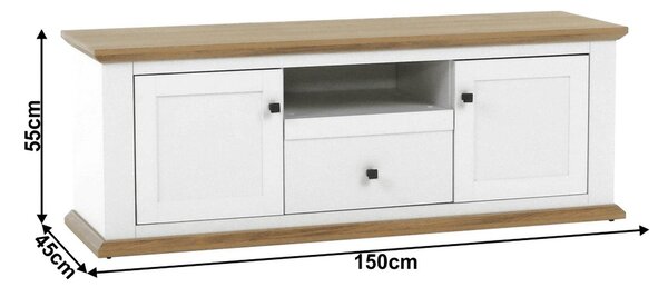 Comoda TV LEON MZ15, alb/stejar grand, DTD laminat, 150x45x55 cm