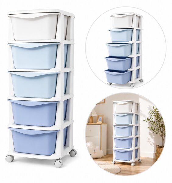 Raft din plastic cu 5 sertare albastre pe roți – sistem de organizare a spațiului de depozitare, 98 cm