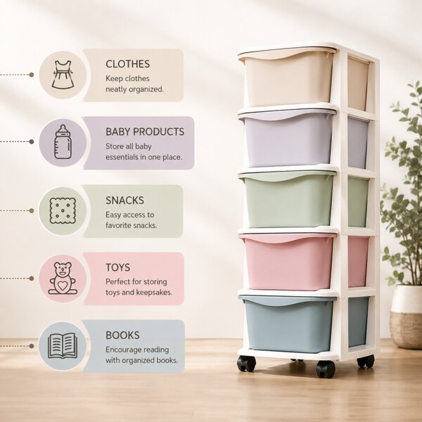 Raft din plastic cu 5 sertare în culori pastelate, prevăzut cu roți – sistem de organizare a spațiului de depozitare, 98 cm