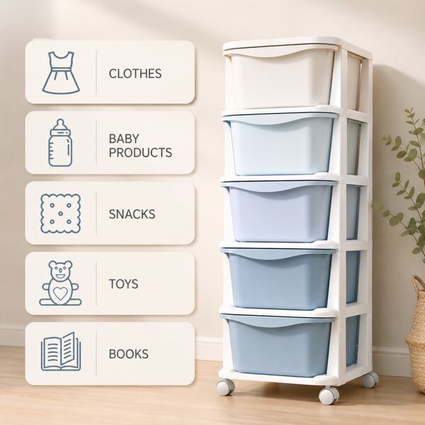 Raft din plastic cu 5 sertare albastre pe roți – sistem de organizare a spațiului de depozitare, 98 cm