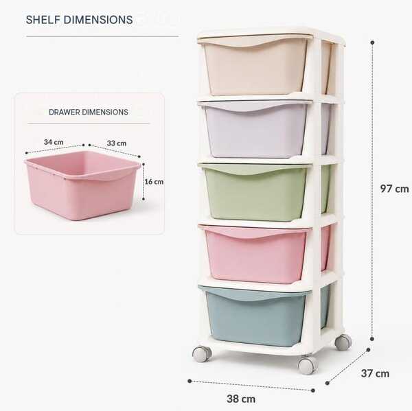 Raft din plastic cu 5 sertare în culori pastelate, prevăzut cu roți – sistem de organizare a spațiului de depozitare, 98 cm