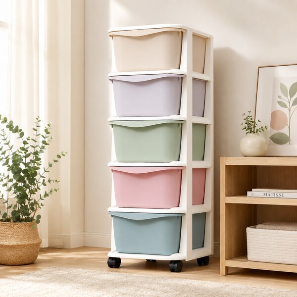 Raft din plastic cu 5 sertare în culori pastelate, prevăzut cu roți – sistem de organizare a spațiului de depozitare, 98 cm
