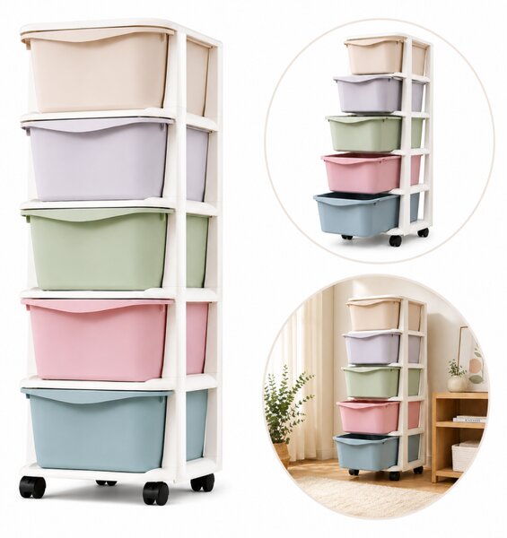 Raft din plastic cu 5 sertare în culori pastelate, prevăzut cu roți – sistem de organizare a spațiului de depozitare, 98 cm
