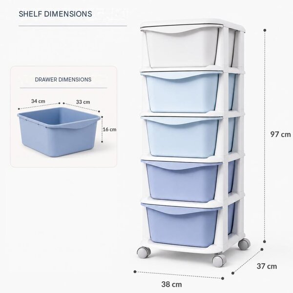 Raft din plastic cu 5 sertare albastre pe roți – sistem de organizare a spațiului de depozitare, 98 cm
