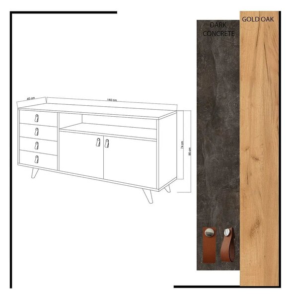Comoda Pagina, stejar/gri ciment inchis, PAL melaminat, 140x40x86 cm