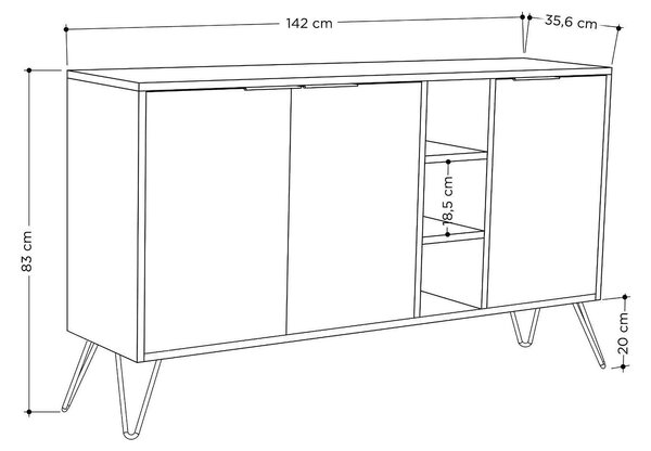 Comoda CLARA, stejar/gri antracit, PAL melaminat/metal, 142x36x83 cm