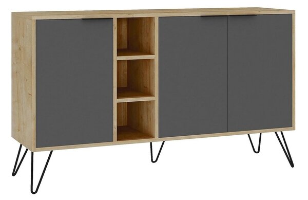 Comoda CLARA, stejar/gri antracit, PAL melaminat/metal, 142x36x83 cm