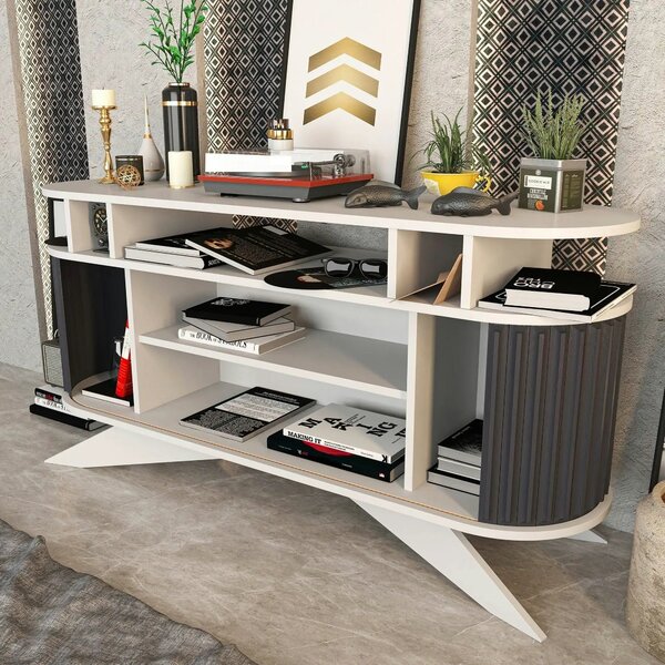 Comoda STOR, alb/gri antracit, PAL melaminat, 150x43x75 cm