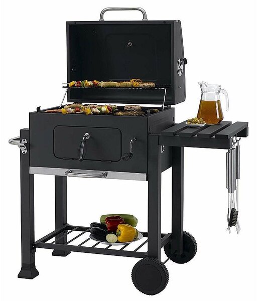 Gratar BBQ pe carbune, capac rabatabil cu termometru, roti transport, 115x46x106 cm, grill 61.5x46x51 cm