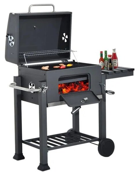 Gratar BBQ pe carbune, capac rabatabil cu termometru, roti transport, 115x46x106 cm, grill 61.5x46x51 cm