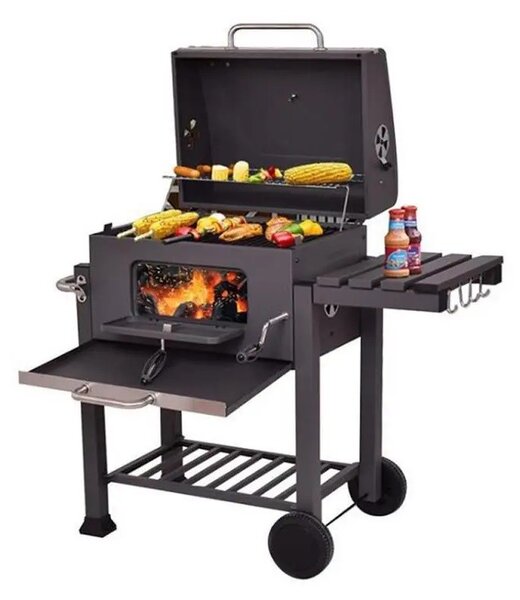 Gratar BBQ pe carbune, capac rabatabil cu termometru, roti transport, 115x46x106 cm, grill 61.5x46x51 cm