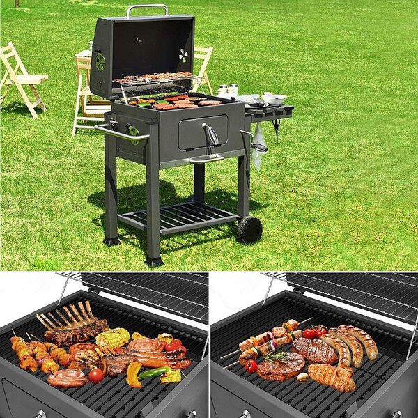 Gratar BBQ pe carbune, capac rabatabil cu termometru, roti transport, 115x46x106 cm, grill 61.5x46x51 cm