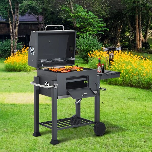Gratar BBQ pe carbune, capac rabatabil cu termometru, roti transport, 115x46x106 cm, grill 61.5x46x51 cm