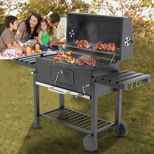 Gratar de gradina mobil, termometru si recipient cenusa, grill XXL cu 2 rafturi pliabile, 115x46x106 cm