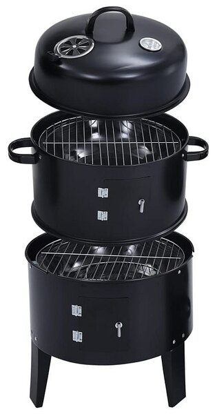 Gratar pe carbuni 3 in 1, capac cu termometru, 2 usi, 3 compartimente cu afumatoare/grill/gatire la abur, 40x40x80 cm