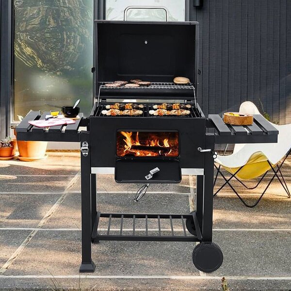 Gratar de gradina mobil, termometru si recipient cenusa, grill XXL cu 2 rafturi pliabile, 115x46x106 cm