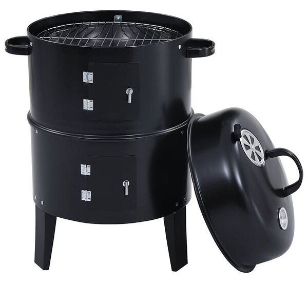 Gratar pe carbuni 3 in 1, capac cu termometru, 2 usi, 3 compartimente cu afumatoare/grill/gatire la abur, 40x40x80 cm