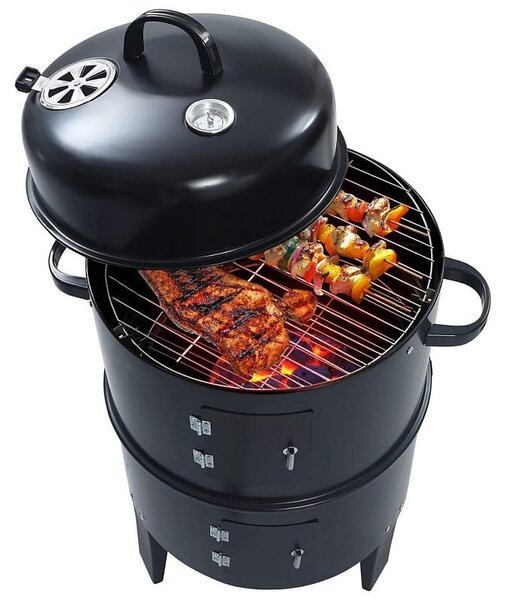 Gratar pe carbuni 3 in 1, capac cu termometru, 2 usi, 3 compartimente cu afumatoare/grill/gatire la abur, 40x40x80 cm