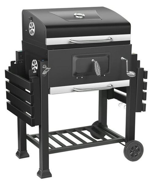 Gratar de gradina mobil, termometru si recipient cenusa, grill XXL cu 2 rafturi pliabile, 115x46x106 cm