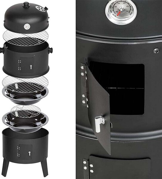 Gratar pe carbuni 3 in 1, capac cu termometru, 2 usi, 3 compartimente cu afumatoare/grill/gatire la abur, 40x40x80 cm