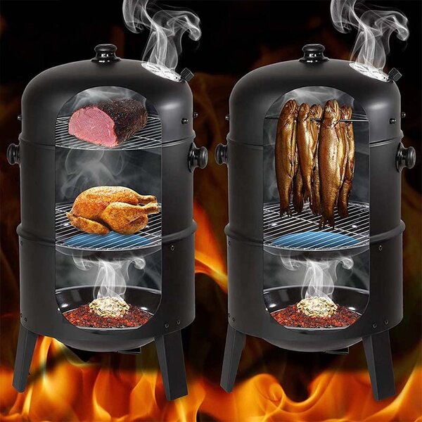 Gratar pe carbuni 3 in 1, capac cu termometru, 2 usi, 3 compartimente cu afumatoare/grill/gatire la abur, 40x40x80 cm