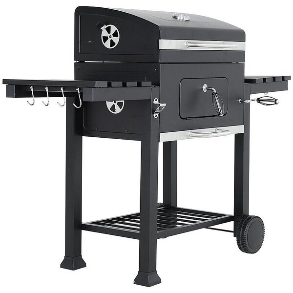 Gratar de gradina mobil, termometru si recipient cenusa, grill XXL cu 2 rafturi pliabile, 115x46x106 cm