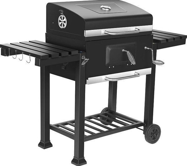 Gratar de gradina mobil, termometru si recipient cenusa, grill XXL cu 2 rafturi pliabile, 115x46x106 cm