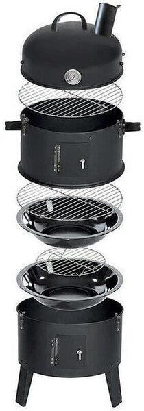 Gratar pe carbuni 3 in 1, capac cu termometru, 2 usi, 3 compartimente cu afumatoare/grill/gatire la abur, 40x40x80 cm
