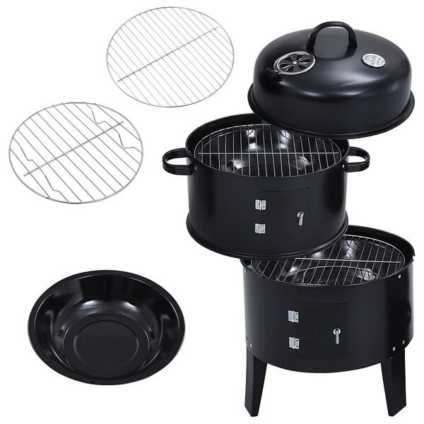Gratar pe carbuni 3 in 1, capac cu termometru, 2 usi, 3 compartimente cu afumatoare/grill/gatire la abur, 40x40x80 cm