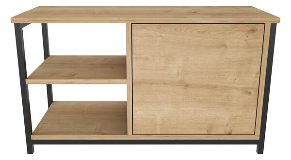 Comoda TV MUSKEGON, negru/stejar, PAL melaminat/metal, 90x35x51 cm