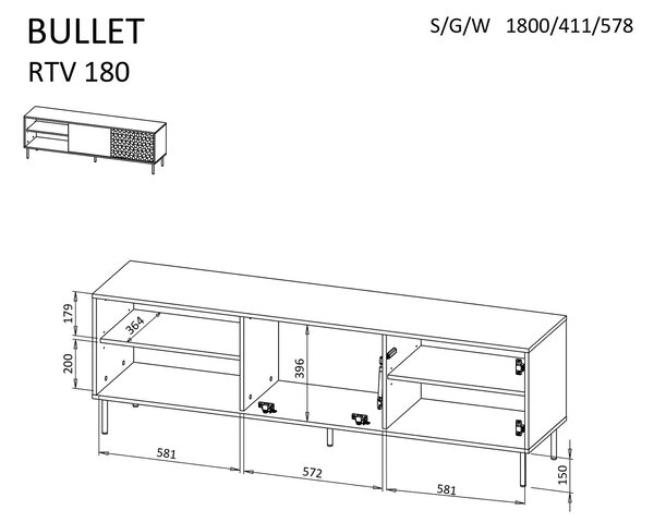 Comoda TV BULLET, negru/auriu, PAL laminat, 180x41x58 cm
