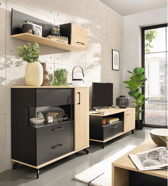 Comodă Madison MD11 cu sertar 90 cm - negru / stejar biscuiți