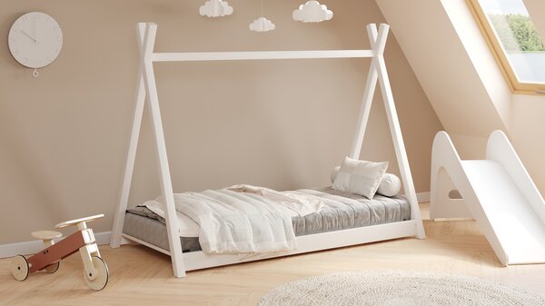 Pat copii Tipi 70x140 casă din lemn - alb
