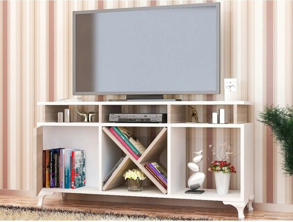 Comoda TV AY, alb/stejar, PAL melaminat, 120x30x54 cm